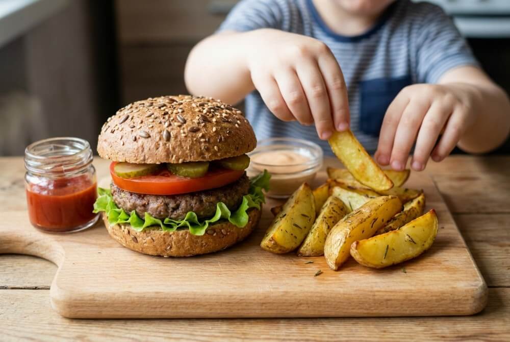 Domowy burger wołowy w bułce pełnoziarnistej z pieczonymi frytkami.