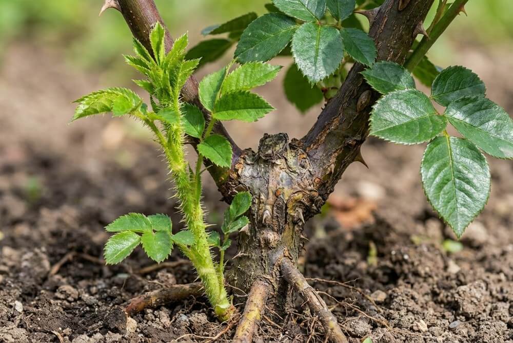 Dziki pęd róży wyrastający z korzenia poniżej miejsca szczepienia różniący się od pędów szlachetnych.