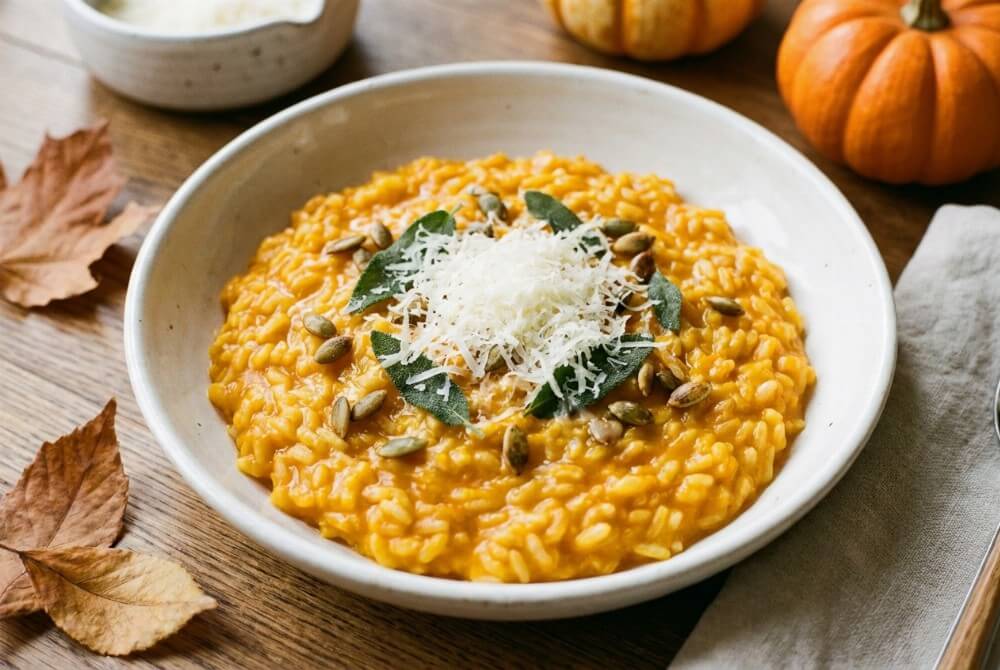 Kremowe dyniowe risotto posypane parmezanem w białej miseczce.
