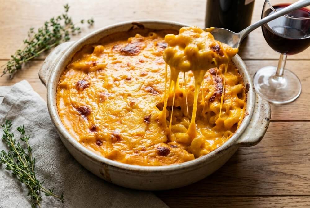 Makaron z serem i sosem dyniowym w naczyniu do zapiekania.