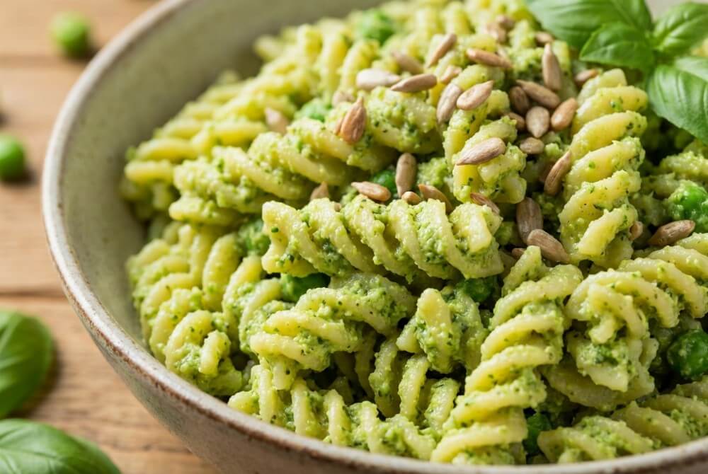 Makaron z zielonym pesto z brokuła i groszku.