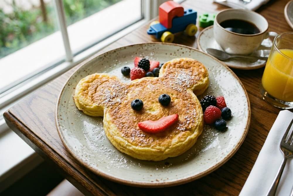 Omlet w kształcie Myszki Miki udekorowany owocami.