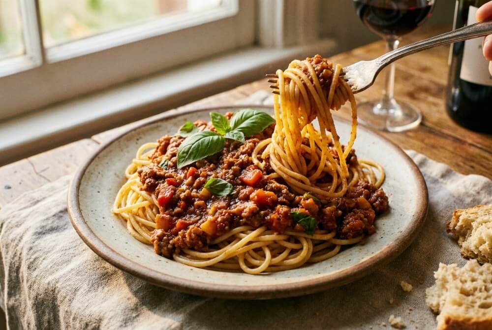 Talerz spaghetti z mięsnym sosem bolognese i ziołami.