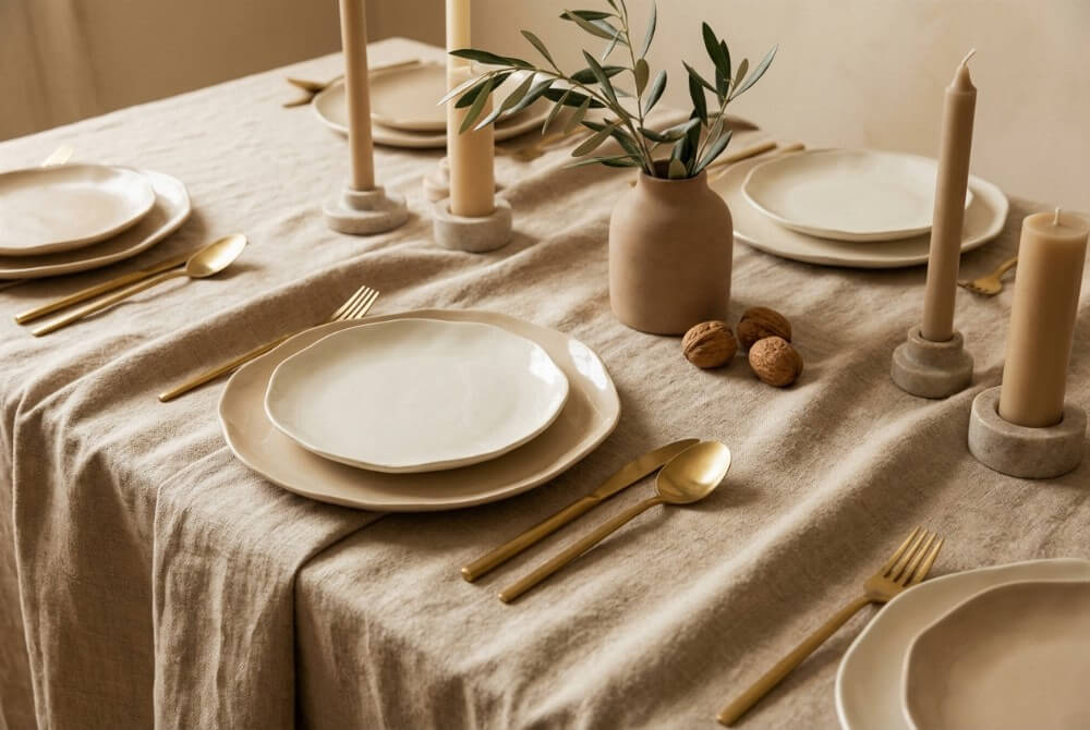 Minimalistyczne nakrycie stołu z lnianym obrusem, beżową ceramiką i złotymi sztućcami w stylu cichego luksusu.