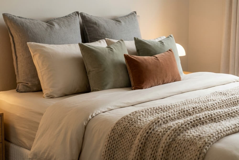 Luksusowo pościelone łóżko z warstwowymi tekstyliami, wełnianym pledem i poduszkami dekoracyjnymi w przytulnej sypialni.