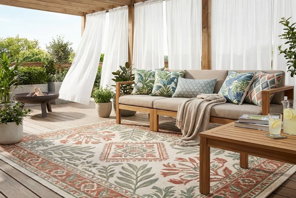 Aranżacja tarasu z dywanem zewnętrznym, poduszkami w liście i zwiewnymi zasłonami.