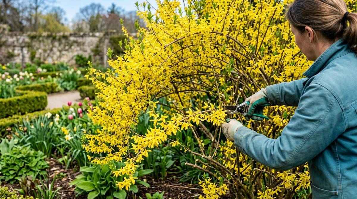 Forsycja uformowana w naturalną fontannę po cięciu formującym w ogrodzie regularnym
