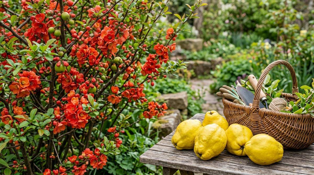 Duże podłużne owoce pigwowca chińskiego zebrane w ogrodzie, żółte i aromatyczne