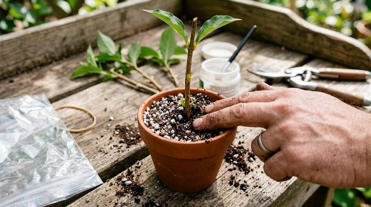Wbijanie sadzonki krzewuszki w podłoże perlit-torf w małej doniczce i dociskanie podłoża palcami