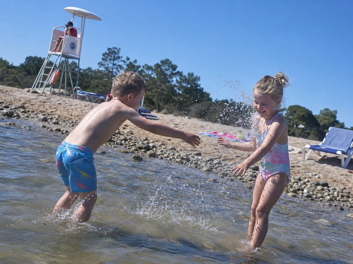 Dzieci bawiące się w płytkiej wodzie na plaży Patelnia w Polańczyku