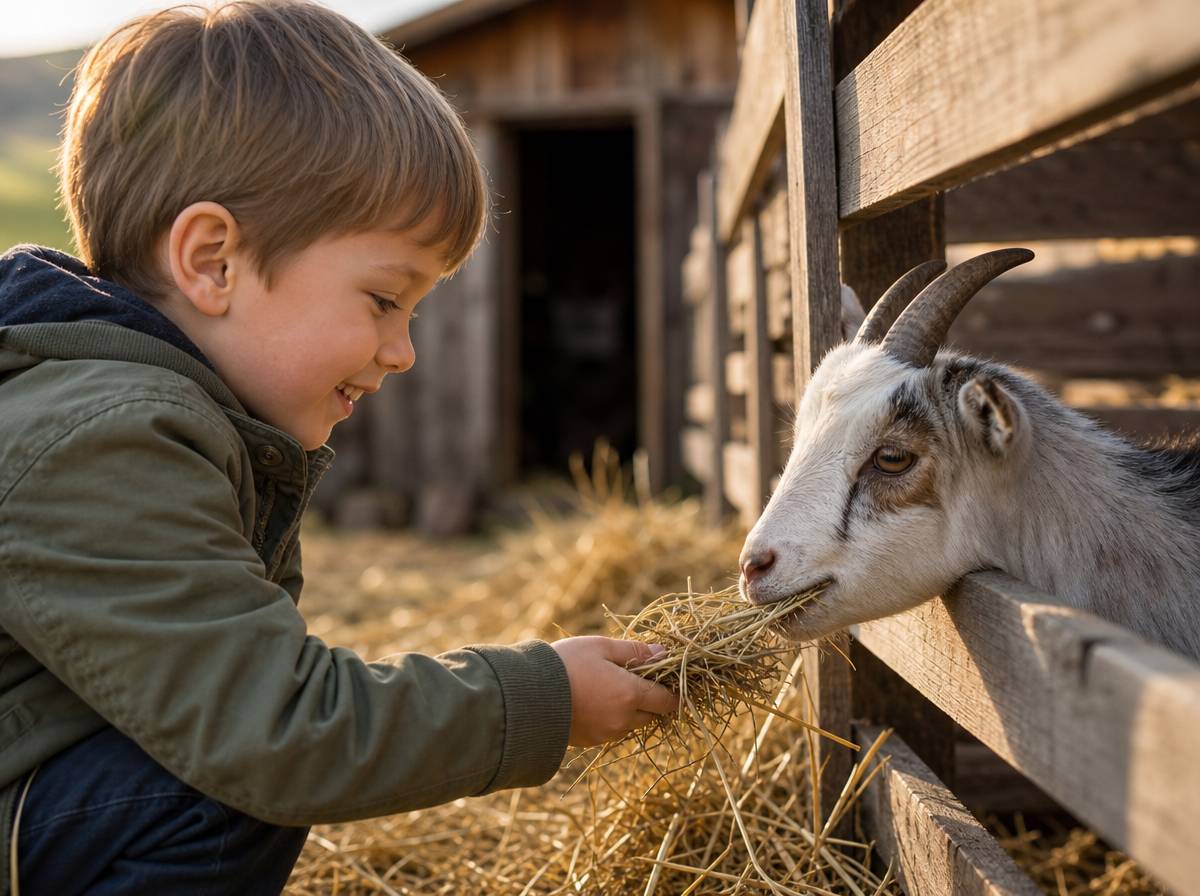 Dziecko karmiące kózkę w mini zoo w okolicy Polańczyka
