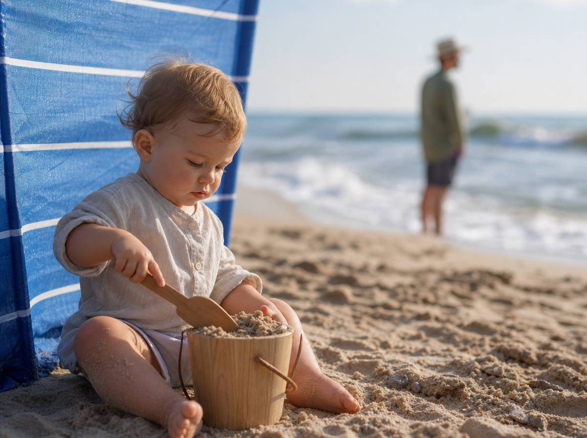 Roczne dziecko bawi się piaskiem pod parawanem na plaży nad Bałtykiem