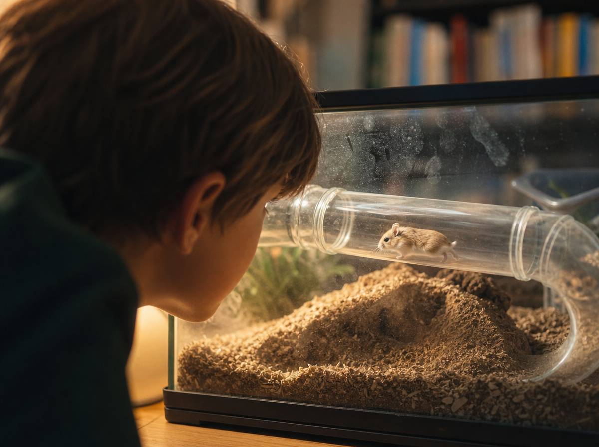 Dziecko obserwuje małego chomika Roborowskiego biegającego w rurce terrarium