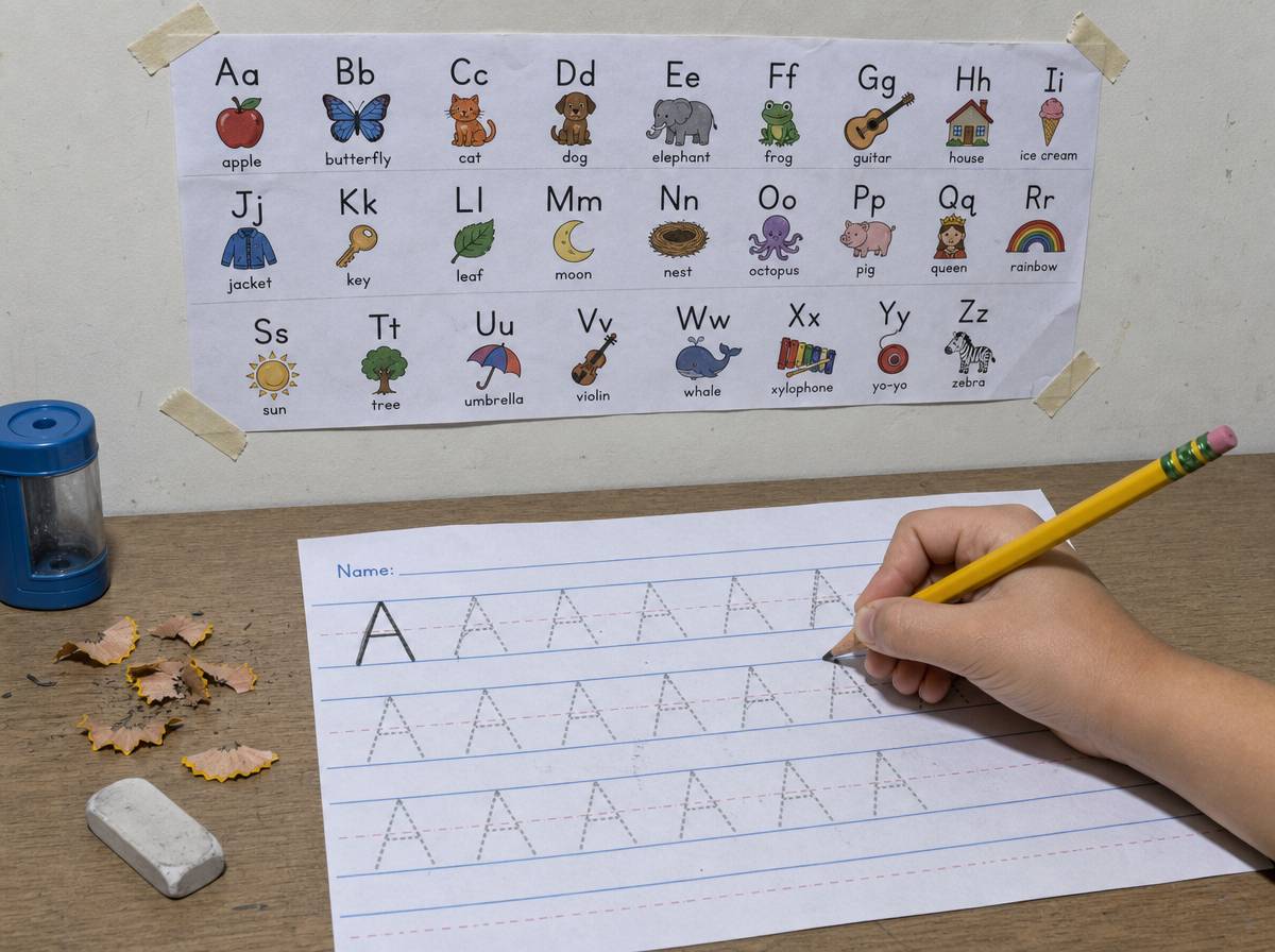 Dziecko odwzorowuje literę po śladzie podczas nauki pisania