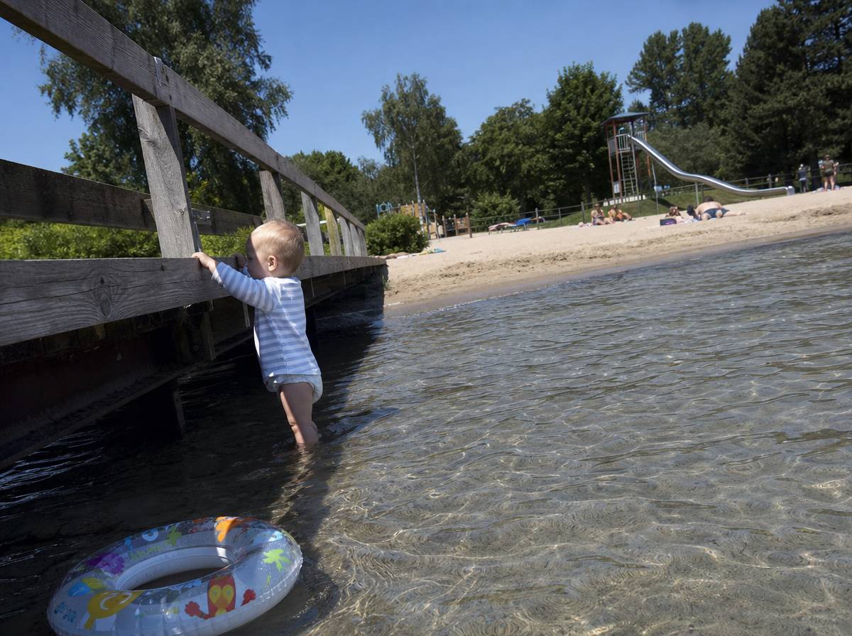 Roczne dziecko brodzi w wodzie jeziora przy plaży z placem zabaw