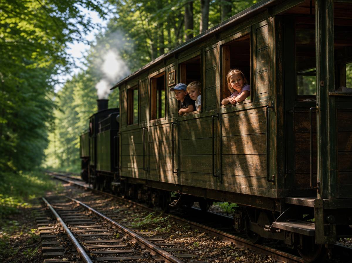 Zabytkowy wagonik Bieszczadzkiej Kolejki Leśnej w Cisnej wśród lasu