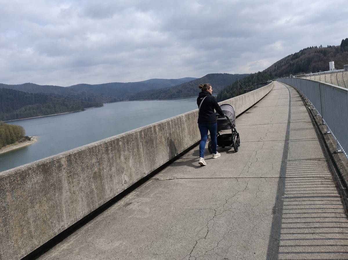 Spacer z wózkiem po koronie zapory w Solinie z widokiem na jezioro