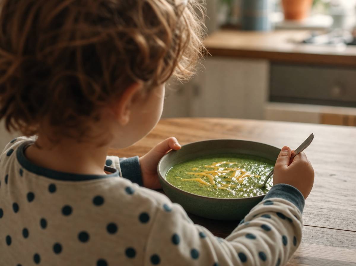 Krem z brokułów z roztopionym żółtym serem podany dziecku w kolorowej misce
