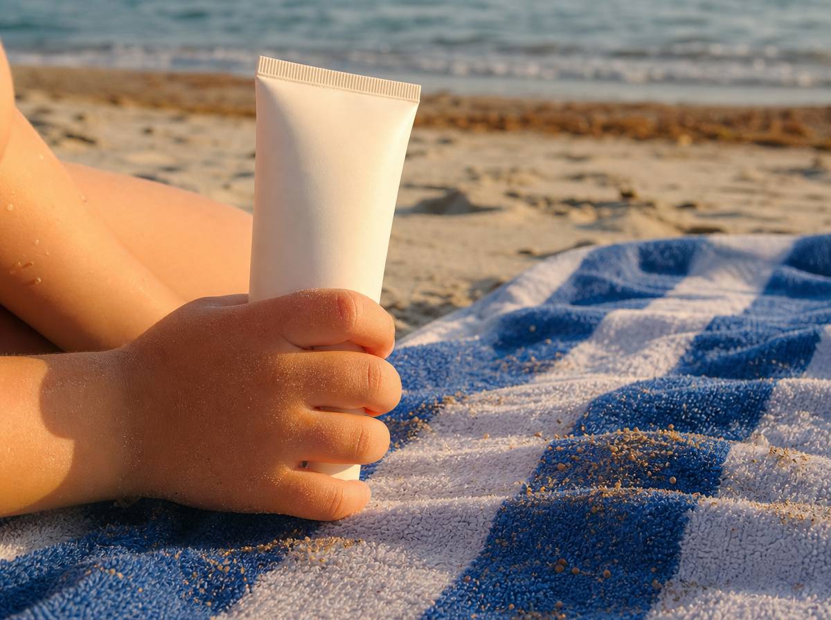 Krem z filtrem przeciwsłonecznym dla dziecka rozłożony na ręczniku plażowym