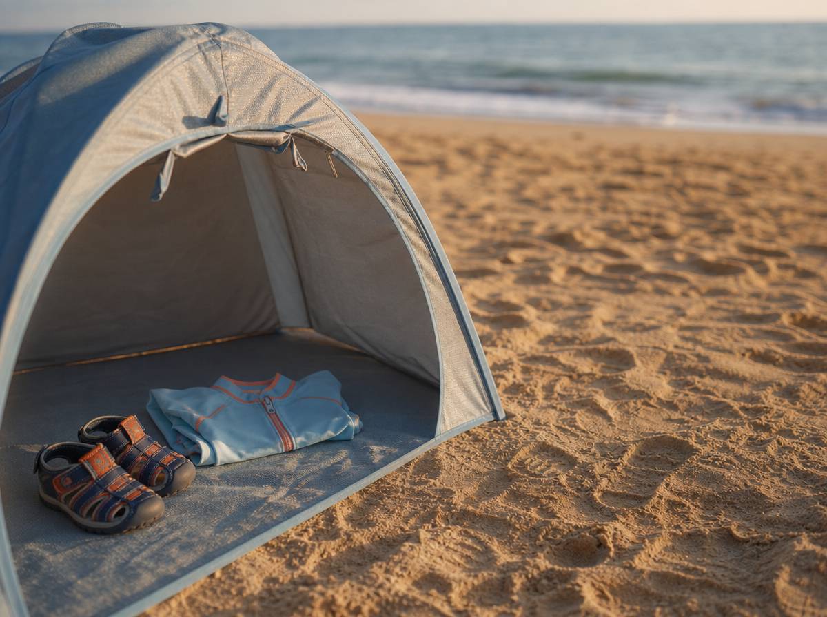 Namiot plażowy i ubranko z filtrem UV jako ochrona dziecka na plaży