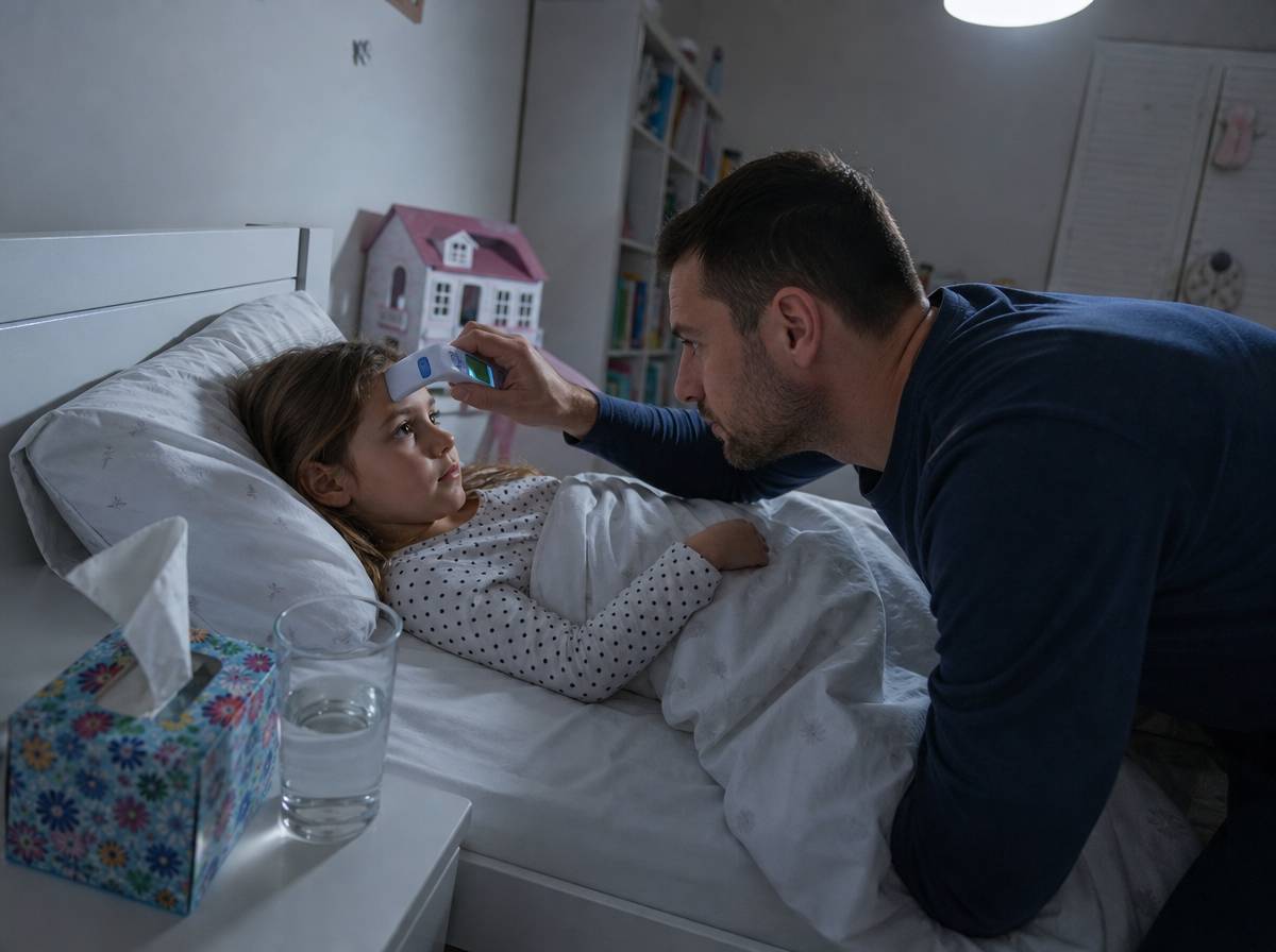 Ojciec mierzy temperaturę choremu dziecku w łóżku podczas opieki na zasiłku