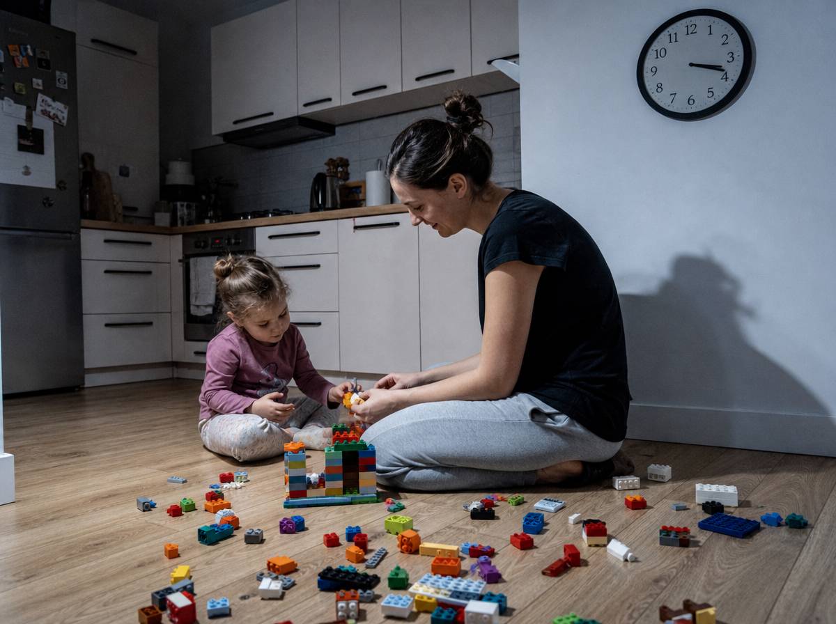 Opiekunka do dziecka bawi się klockami z dziewczynką w kuchni, w tle zegar na ścianie