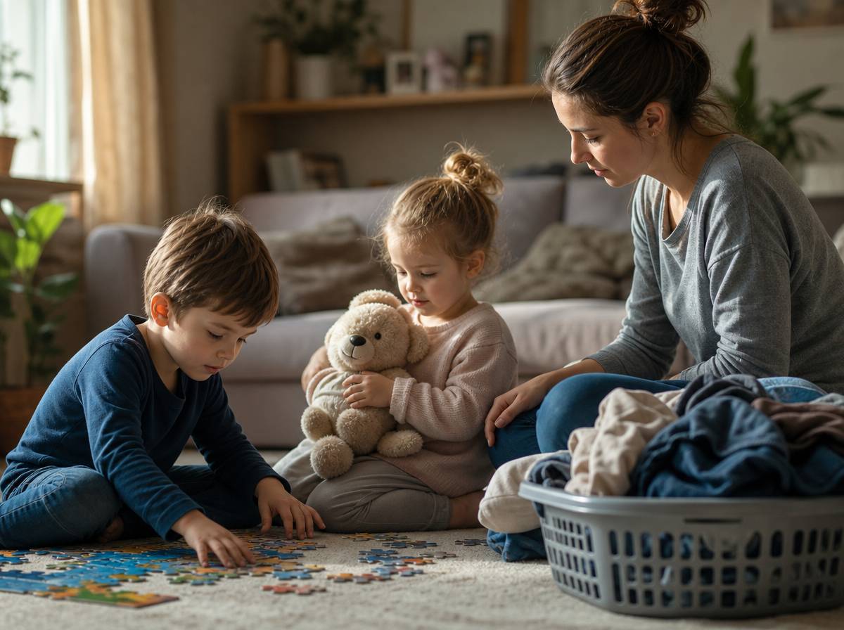 Opiekunka do dziecka pilnuje dwojga rodzeństwa w salonie, obok kosz z praniem