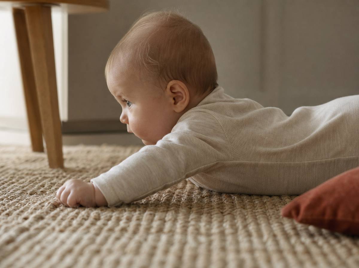 Niemowlę pełzające na komandosie, ciągnące się ramionami po dywanie