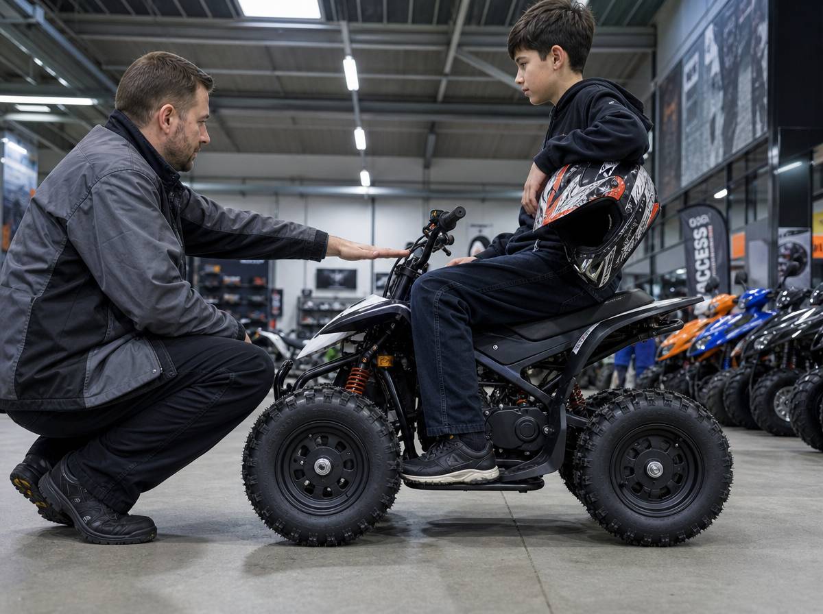 Sprzedawca sprawdza, czy dziecko dosięga stopami do podłoża siedząc na quadzie