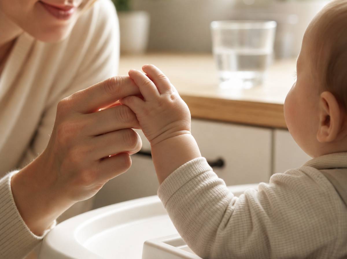 Opiekun delikatnie uczy niemowlę machać ręką na pa-pa