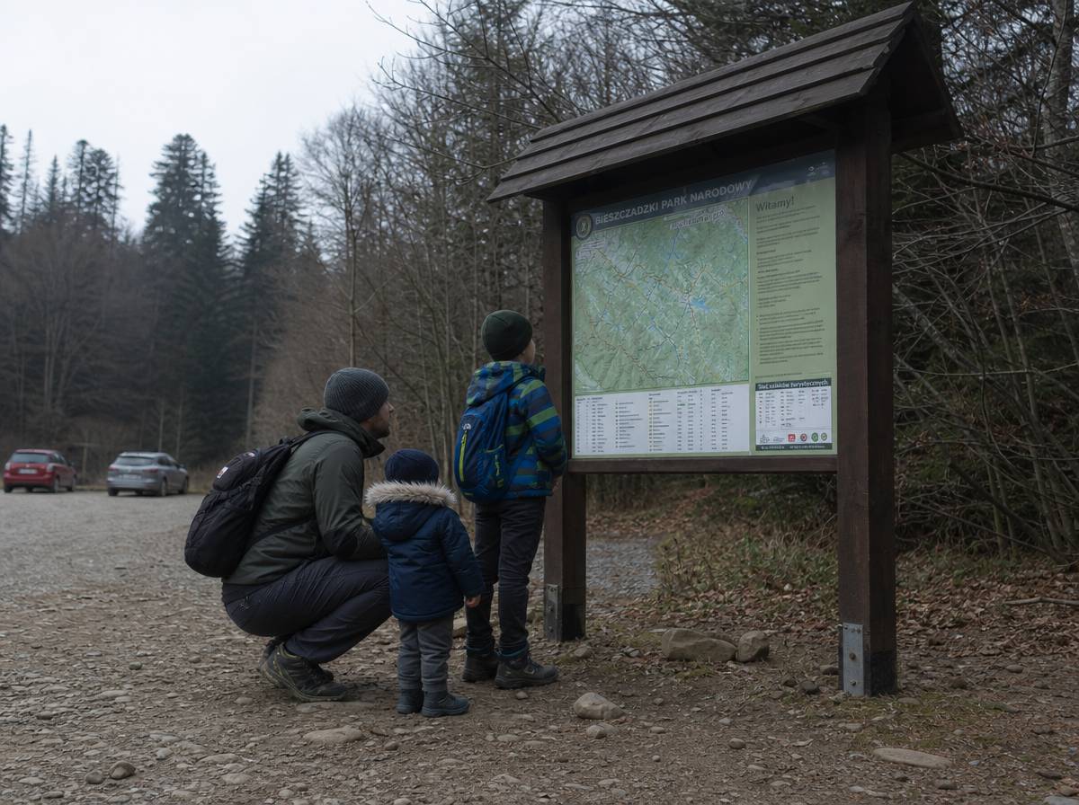 Rodzina z dziećmi sprawdza tablicę informacyjną przed wyborem atrakcji w Bieszczadach