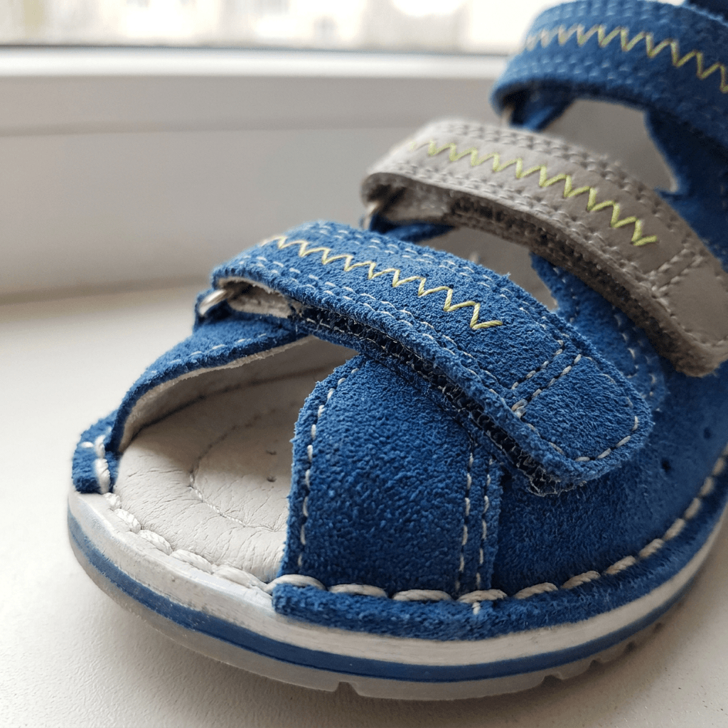 Zbliżenie na przód buta dziecięcego pokazujące zapas miejsca na rosnącą stopę