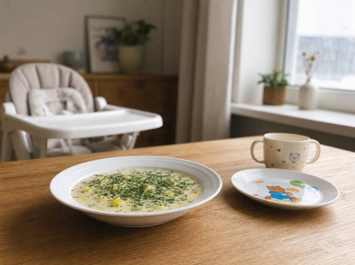 Zupa koperkowa z ziemniakami podana na rodzinnym stole obiadowym