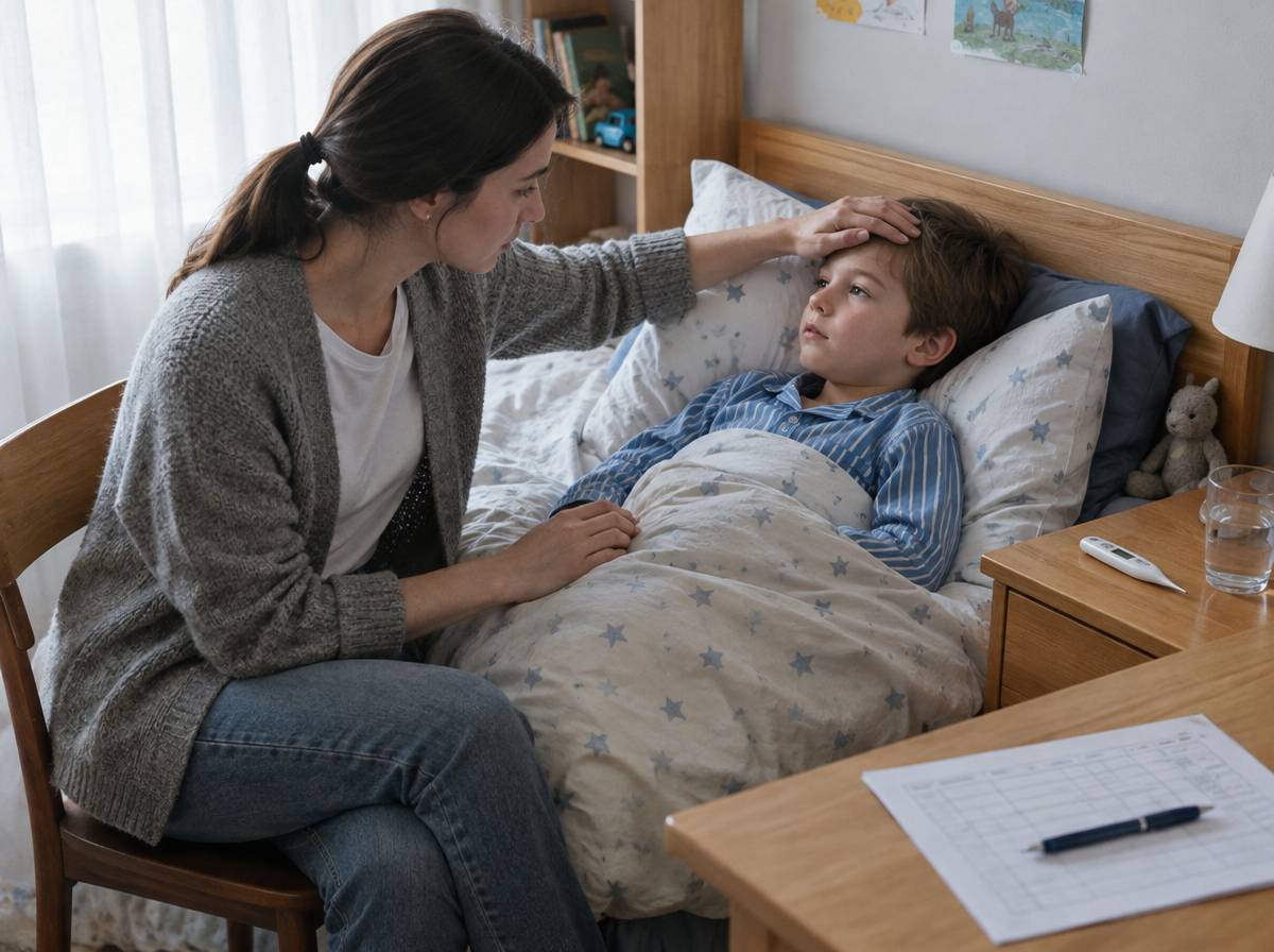 Mama przy łóżku chorego syna, na stoliku termometr i szklanka wody, obok formularz z długopisem