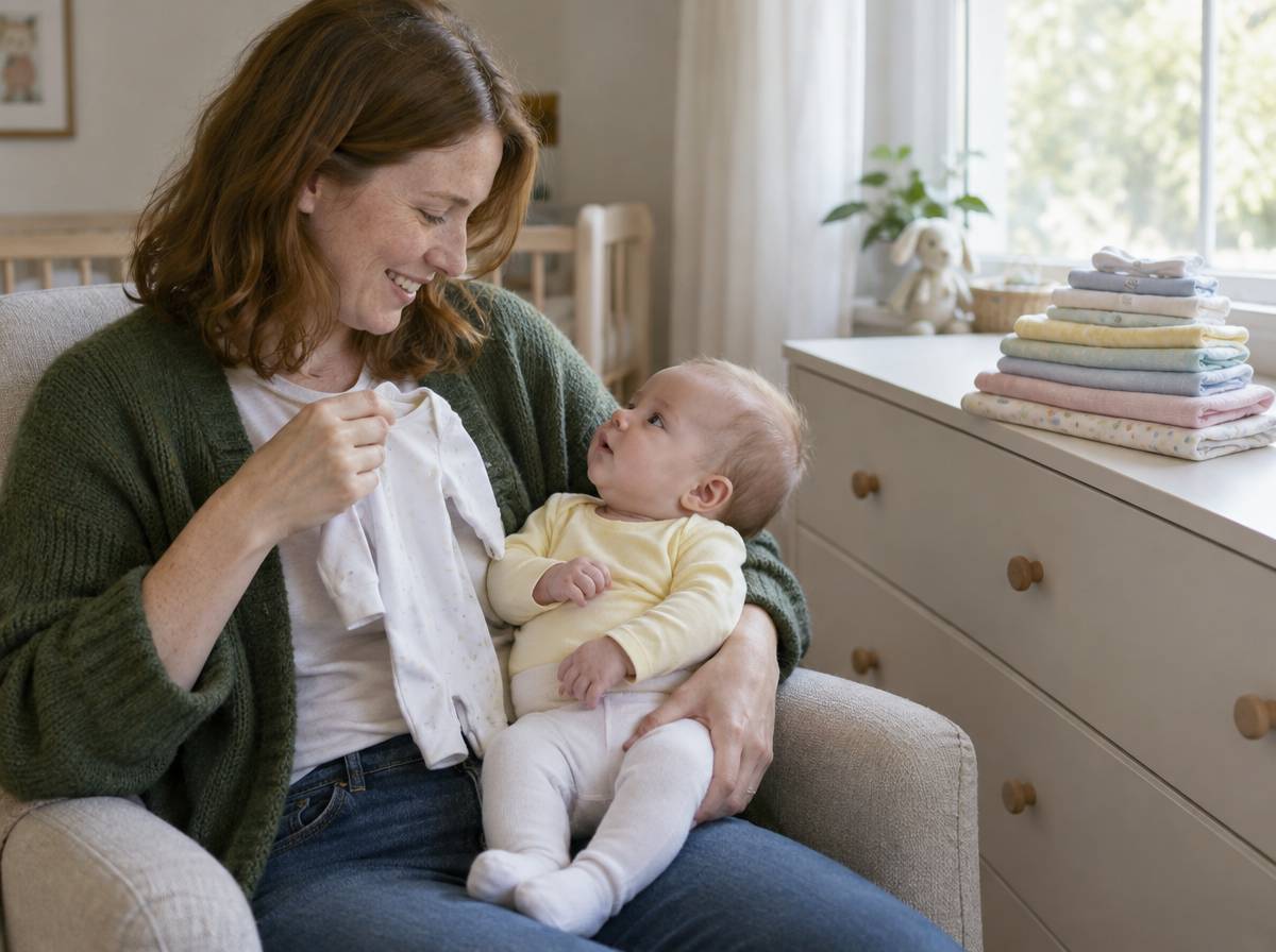 Mama przykłada za mały pajacyk dla noworodka do kilkumiesięcznego niemowlęcia, obok stos coraz większych ubranek