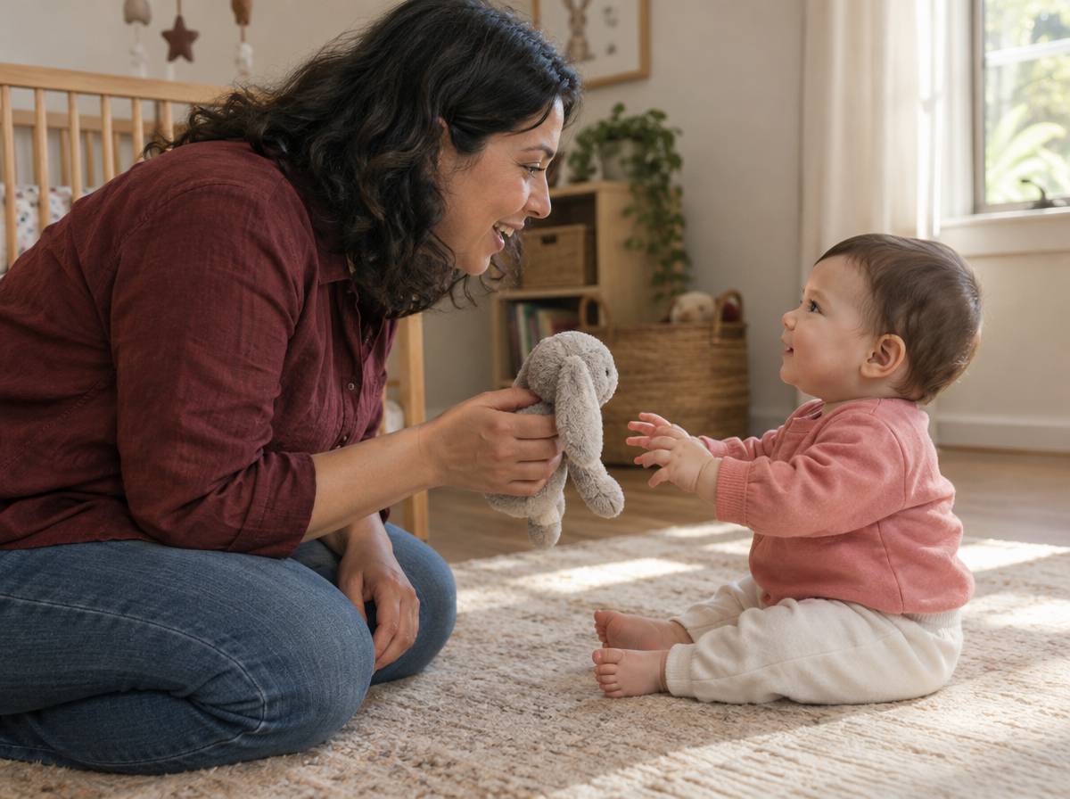 Mama klęczy twarzą w twarz z niemowlęciem, patrzy mu w oczy i z uśmiechem mówi jego imię, trzymając pluszową zabawkę