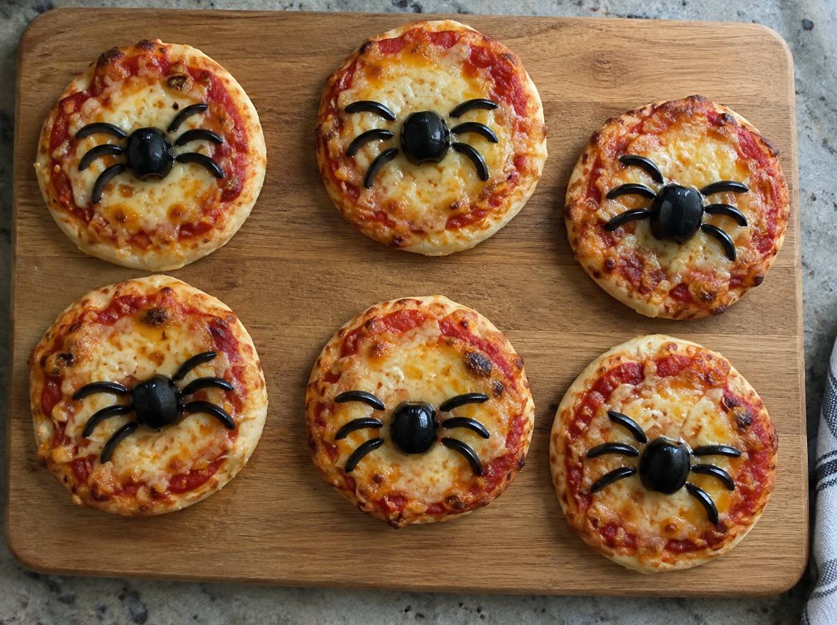 Małe pizzerinki z serem i pająkami z czarnych oliwek na drewnianej desce