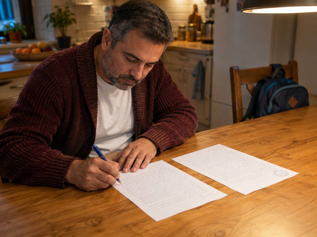 Tata przy stole podpisuje pismo do dyrektora szkoły, obok leży kopia z pieczątką